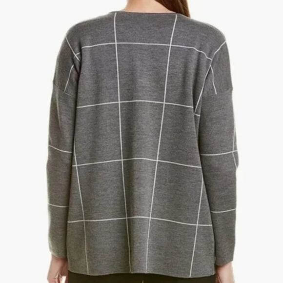 EILEEN FISHER Windowpane Extra Fine Merino Wool Cardigan Sweater Gray {A48} - Picture 2 of 6